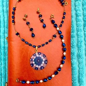 Elegant Handmade Necklace, Bracelet And Earrings Set Blue